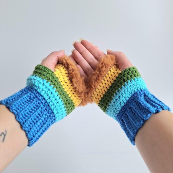 Gehaakte handschoenen - gehaakte vingerloze handschoenen | Blauw, turquoise, groen, geel en bruin