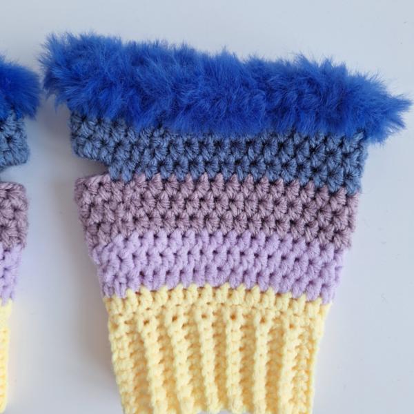 Gehaakte handschoenen - gehaakte vingerloze handschoenen | Geel, lila, taupe, denimblauw en kobaltblauw