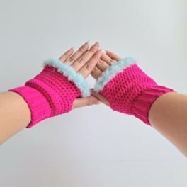 Gehaakte handschoenen - gehaakte vingerloze handschoenen | Knalroze en lichtblauw