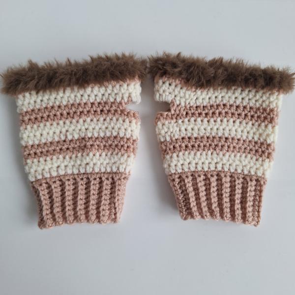 Gehaakte handschoenen - gehaakte vingerloze handschoenen | Poeder roze, crème en bruin