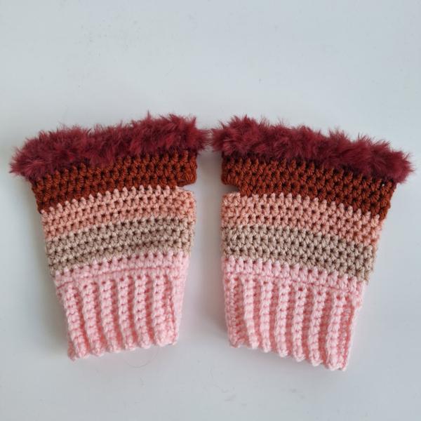 Gehaakte handschoenen - gehaakte vingerloze handschoenen | Lichtroze, poeder roze, koraaloranje, roestbruin en wijnrood