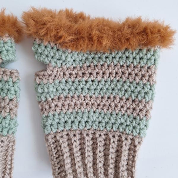 Gehaakte handschoenen - gehaakte vingerloze handschoenen | Beige, sagegroen en karamelbruin