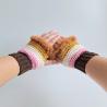 Thumbnail for Gehaakte handschoenen - gehaakte vingerloze handschoenen | Donkerbruin, lichtroze, crème, okergeel en karamelbruin