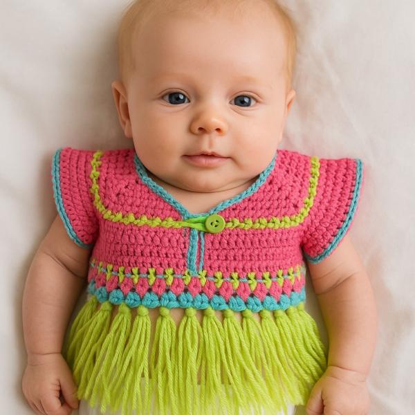 Gehaakt baby vestje | Roze, turquoise en groen met groene franjes