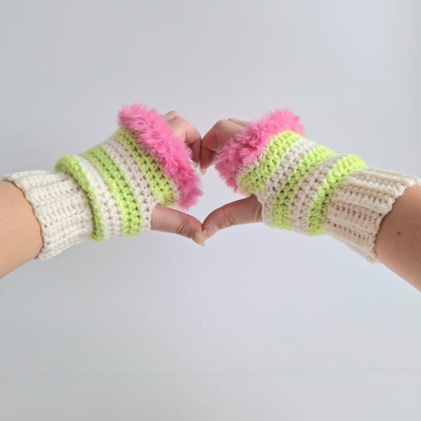 Gehaakte handschoenen - gehaakte vingerloze handschoenen | Crème, limoengroen en Barbie roze