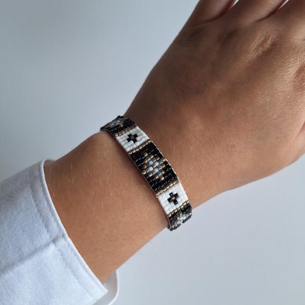 Geweven kralen armband | Grijs glas-in-lood