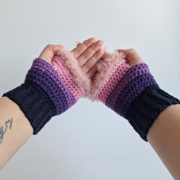 Gehaakte handschoenen - gehaakte vingerloze handschoenen | Donkerblauw, paars en lichtroze