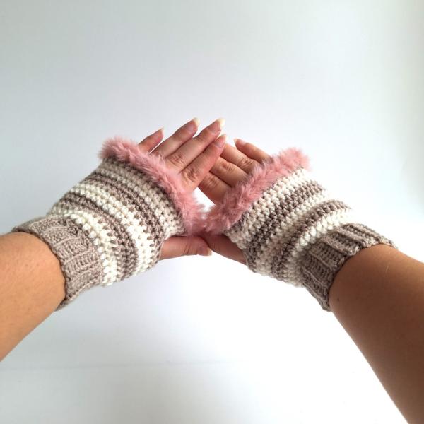 Gehaakte handschoenen - gehaakte vingerloze handschoenen | Beige, crème en poeder roze