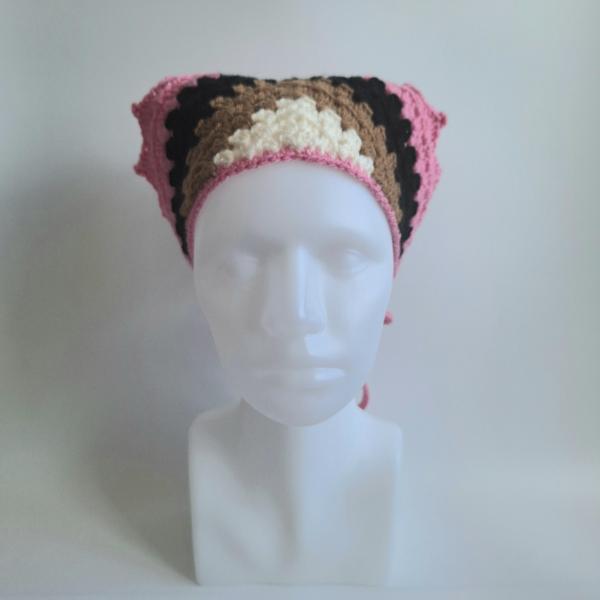 Gehaakte bandana | Crème, lichtbruin, zwart en roze