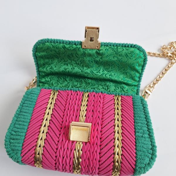 Geweven crossbody tas | Roze, groen en goud