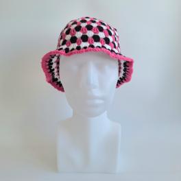 Gehaakte bucket hat | Fuchsia, wit en zwart