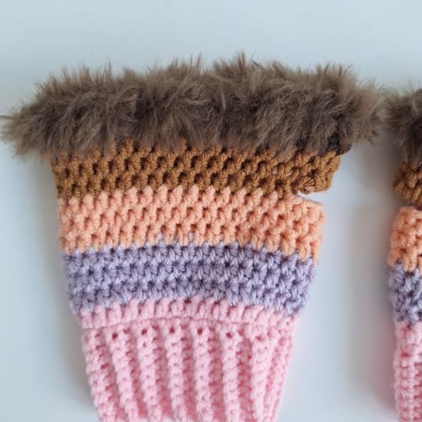 Gehaakte handschoenen - gehaakte vingerloze handschoenen | Lichtroze, lila, perzik, karamelbruin en donkerbruin