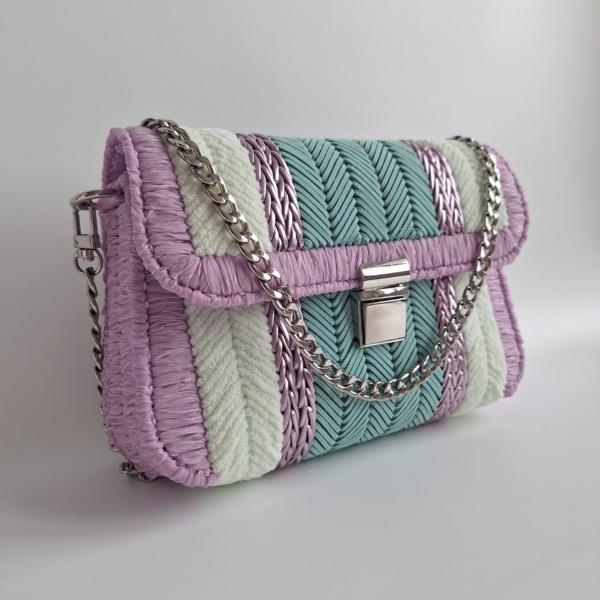 Geweven crossbody tas | Turquoise, lila, pastel geel en zilver