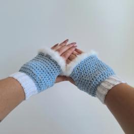 Gehaakte handschoenen - gehaakte vingerloze handschoenen | Lichtblauw en wit