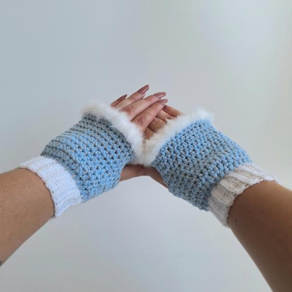 Gehaakte handschoenen - gehaakte vingerloze handschoenen | Lichtblauw en wit