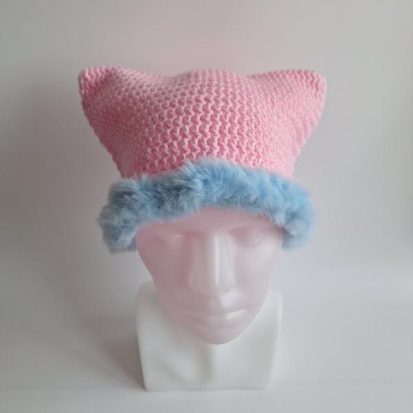 Gehaakte muts met imitatiebont | Lichtroze en lichtblauw