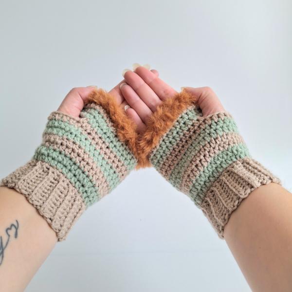 Gehaakte handschoenen - gehaakte vingerloze handschoenen | Beige, sagegroen en karamelbruin