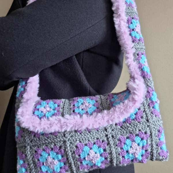 Gehaakte tas | Lila, turquoise, paars en grijs imitatiebont