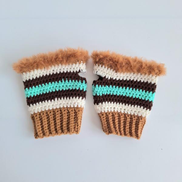 Gehaakte handschoenen - gehaakte vingerloze handschoenen | karamelbruin, crème, turquoise en donkerbruin