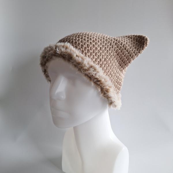 Gehaakte muts met imitatiebont | Beige