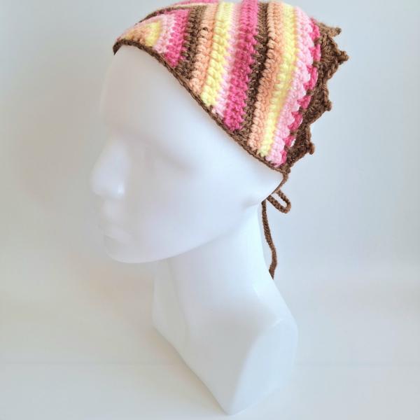 Gehaakte bandana | Perzikoranje, pastel geel, lichtroze, knalroze en lichtbruin