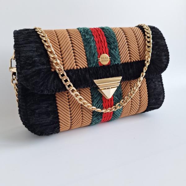 Geweven crossbody tas | Lichtbruin, donkergroen, rood en zwart