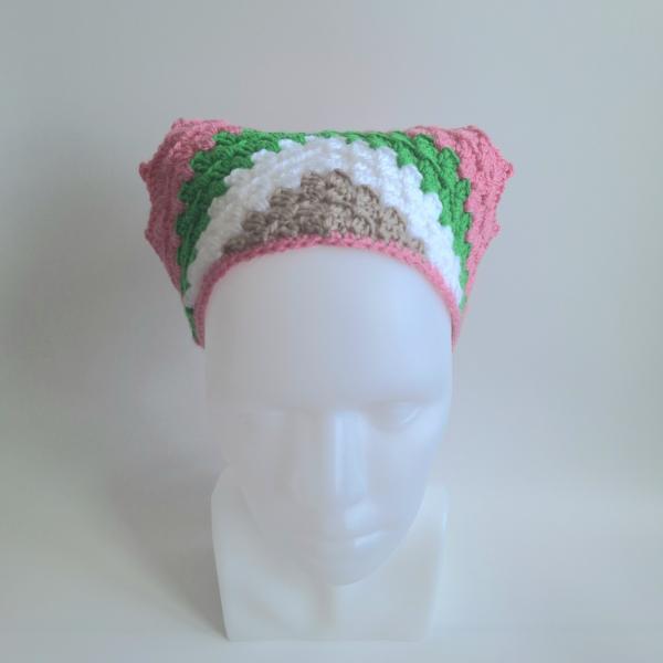 Gehaakte bandana | Beige, wit, groen en roze