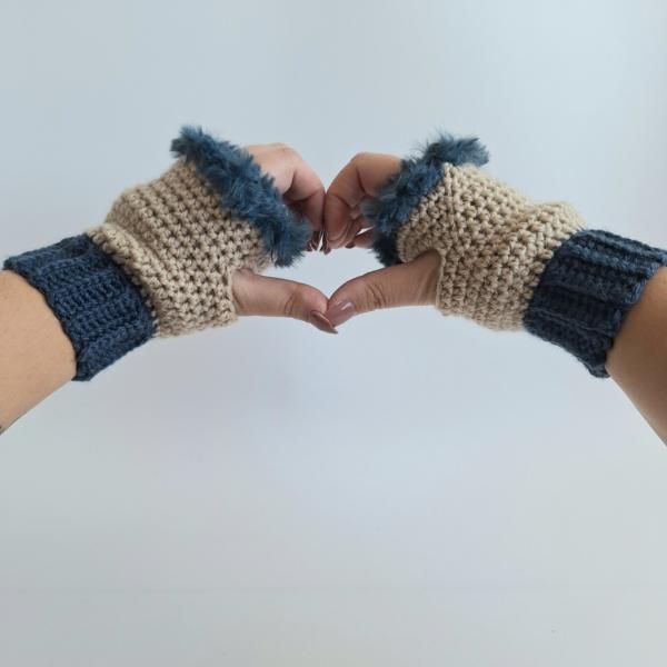 Gehaakte handschoenen - gehaakte vingerloze handschoenen | Beige en denimblauw