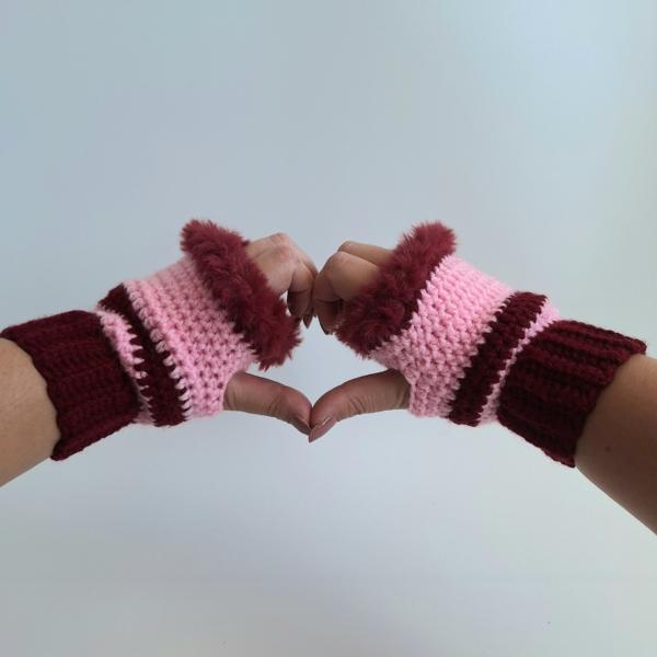 Gehaakte handschoenen - gehaakte vingerloze handschoenen | Wijnrood en lichtroze