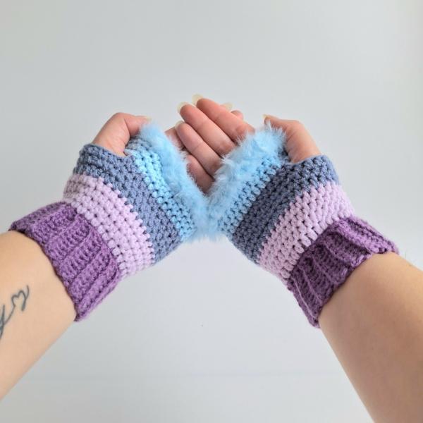 Gehaakte handschoenen - gehaakte vingerloze handschoenen | Paars, lila, denimblauw en lichtblauw