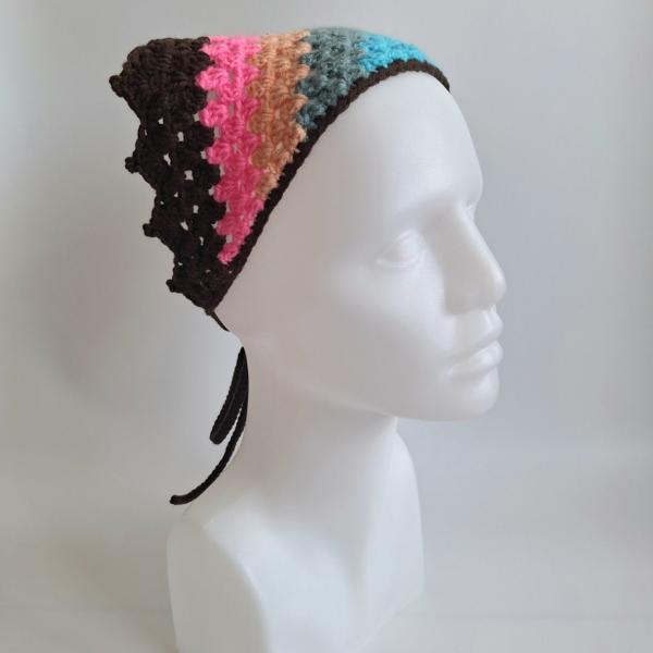 Gehaakte bandana | Turquoise, denimblauw, perzikoranje, neon roze en donkerbruin
