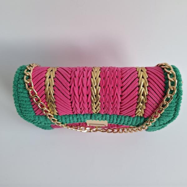Geweven crossbody tas | Roze, groen en goud