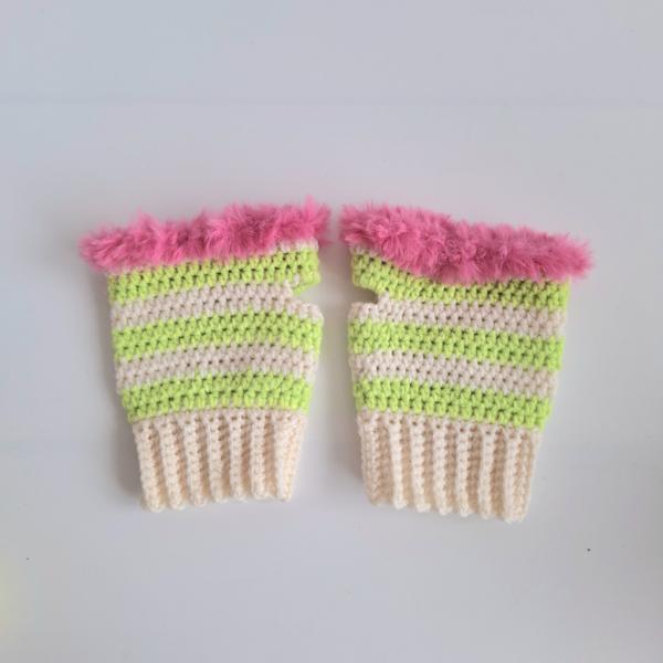 Gehaakte handschoenen - gehaakte vingerloze handschoenen | Crème, limoengroen en Barbie roze