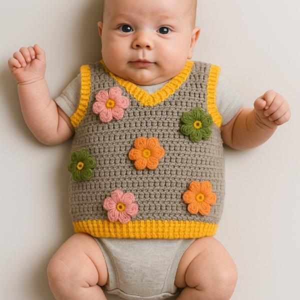 Gehaakt baby vestje | Beige en geel met lichtroze, groene en oranje bloemen