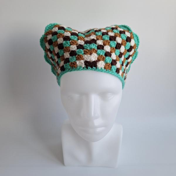 Gehaakte bandana | Turquoise, karamelbruin, crème en donkerbruin