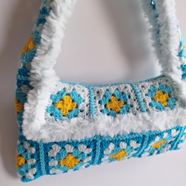 Gehaakte tas | Turquoise met lichtblauw imitatiebont