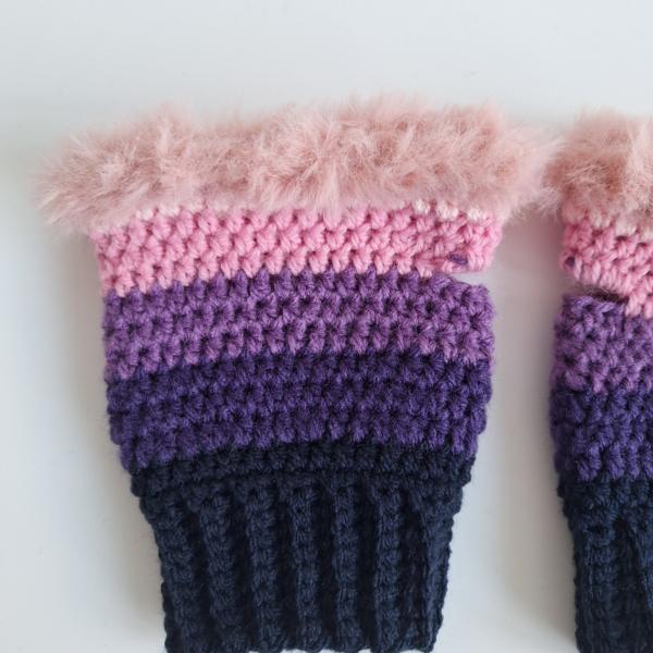 Gehaakte handschoenen - gehaakte vingerloze handschoenen | Donkerblauw, paars en lichtroze