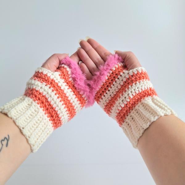 Gehaakte handschoenen - gehaakte vingerloze handschoenen | Crème, koraaloranje en Barbie roze