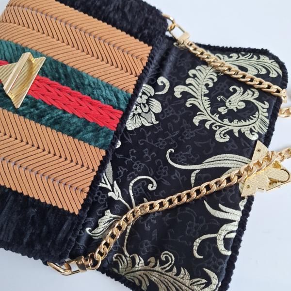 Geweven crossbody tas | Lichtbruin, donkergroen, rood en zwart