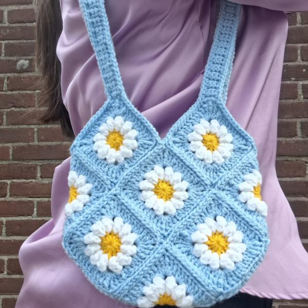 Gehaakte tas | Blauwe madeliefjes