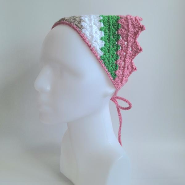 Gehaakte bandana | Beige, wit, groen en roze