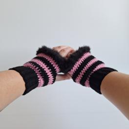 Gehaakte handschoenen - gehaakte vingerloze handschoenen | Zwart en lichtroze