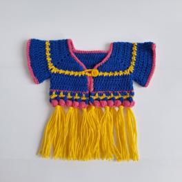 Gehaakt baby vestje | Blauw, roze en geel met gele franjes