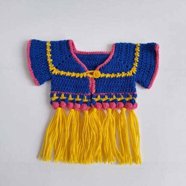 Gehaakt baby vestje | Blauw, roze en geel met gele franjes