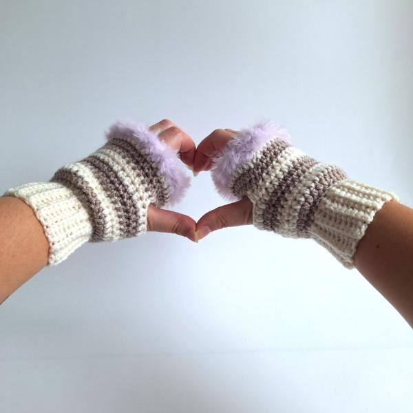 Gehaakte handschoenen - gehaakte vingerloze handschoenen | Crème, beige en lila