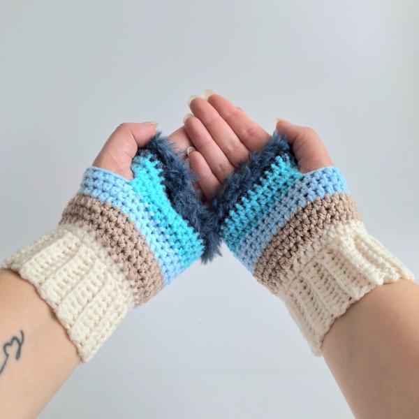 Gehaakte handschoenen - gehaakte vingerloze handschoenen | Crème, beige, lichtblauw, turquoise en denimblauw