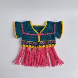 Gehaakt baby vestje | Petrol, roze en geel met roze franjes