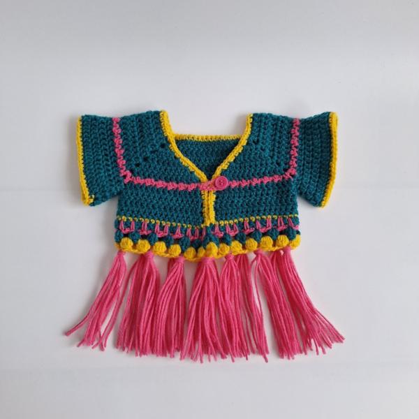 Gehaakt baby vestje | Petrol, roze en geel met roze franjes