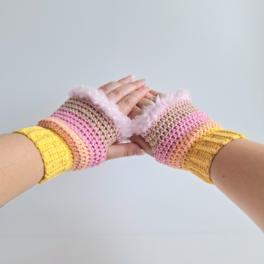 Gehaakte handschoenen - gehaakte vingerloze handschoenen | Geel, perzik, lichtroze en poederroze