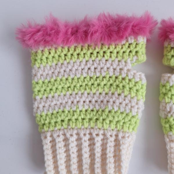 Gehaakte handschoenen - gehaakte vingerloze handschoenen | Crème, limoengroen en Barbie roze